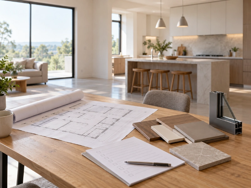 New-home floor plans, finish samples and a window frame sample laid out for a product selection discussion