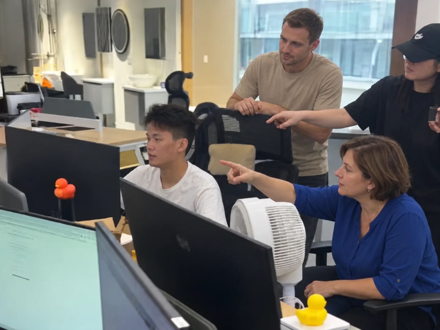 AI recreation of a showroom design discussion with fictional customer figures