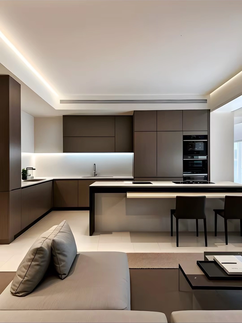 Modern slab kitchen cabinets with breakfast bar