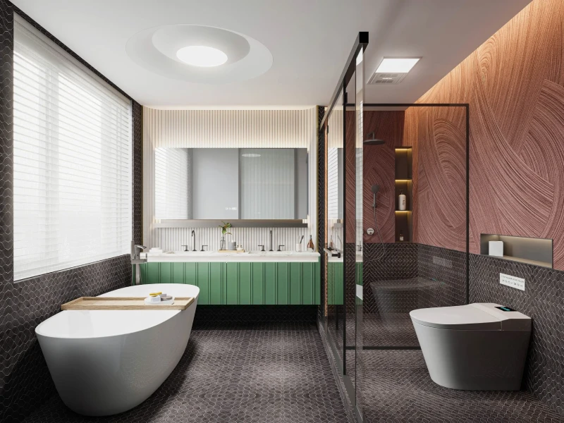 Custom bathroom vanity, toilet, shower glass, bathtub, faucet and tile package by George Group China