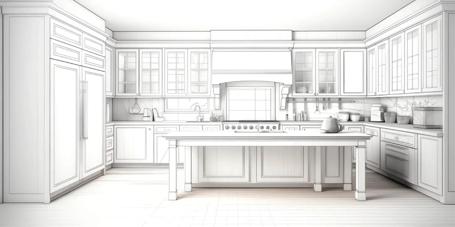 Custom kitchen cabinet planning drawing for layout size finish storage and appliance positions