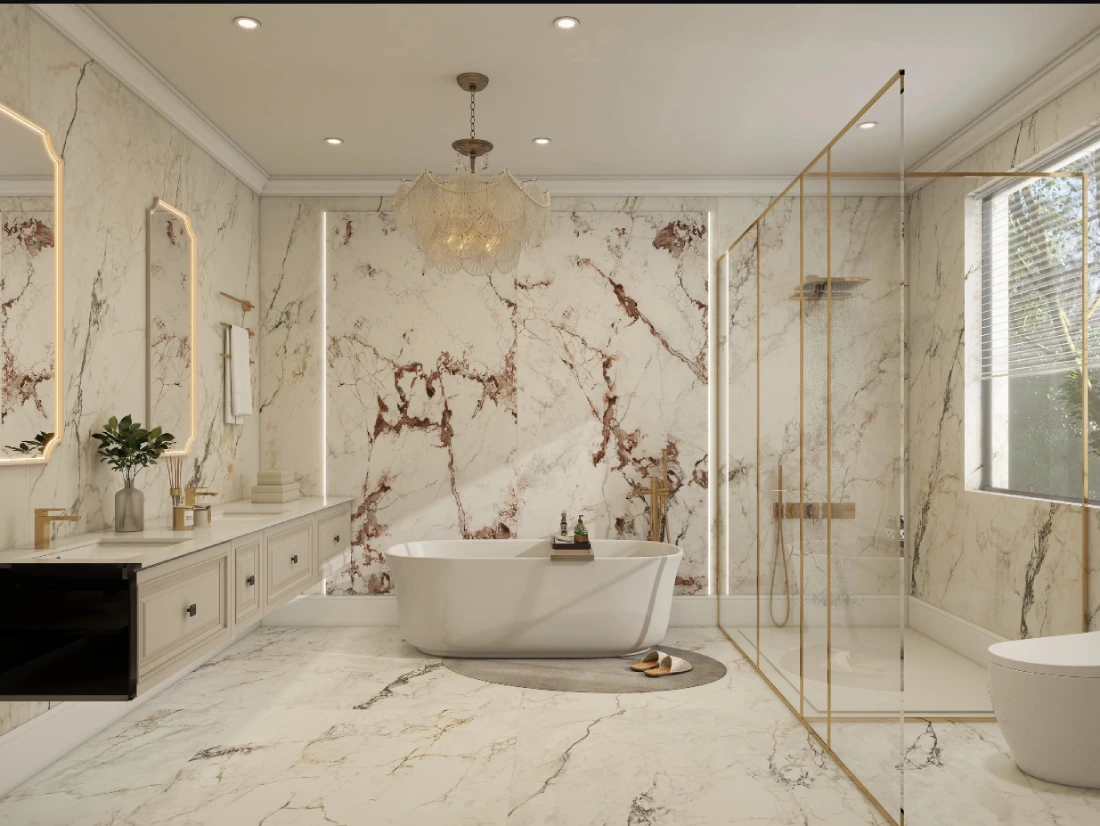 Luxury bathroom with bathtub, shower glass, vanity and sanitary ware products supplied by George Group China