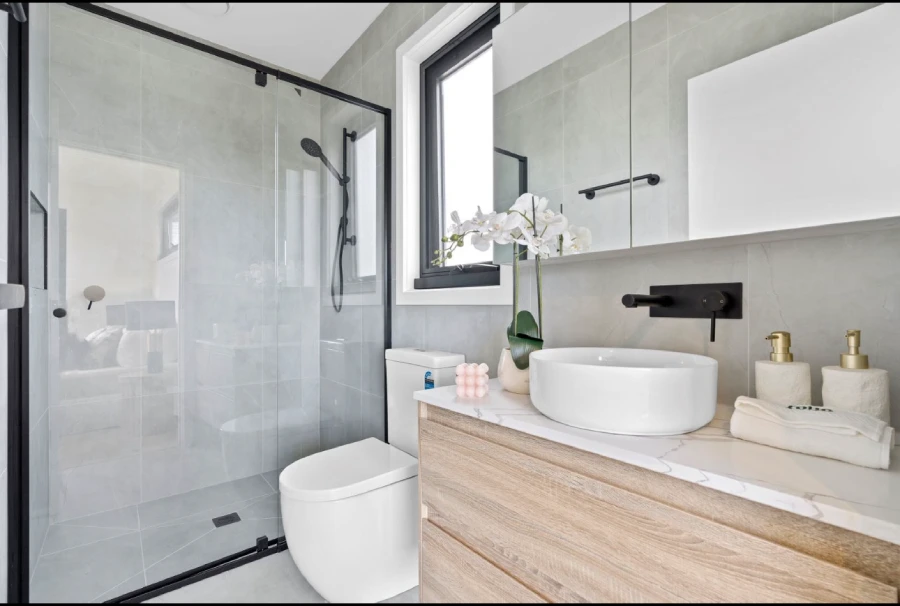 Bathroom vanity, shower area, and sanitary ware reference in an Australia private villa