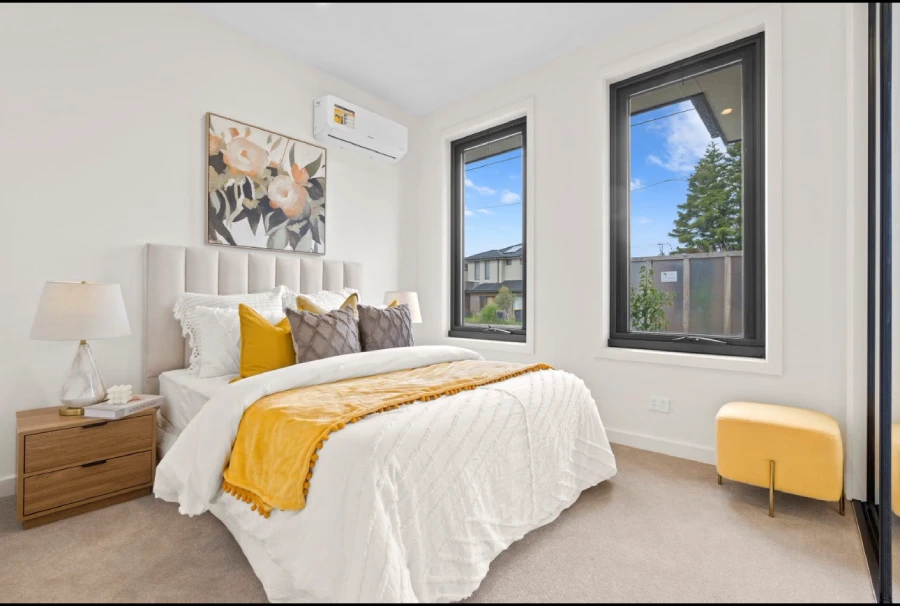 Bedroom interior with window and soft finishes in an Australia private villa