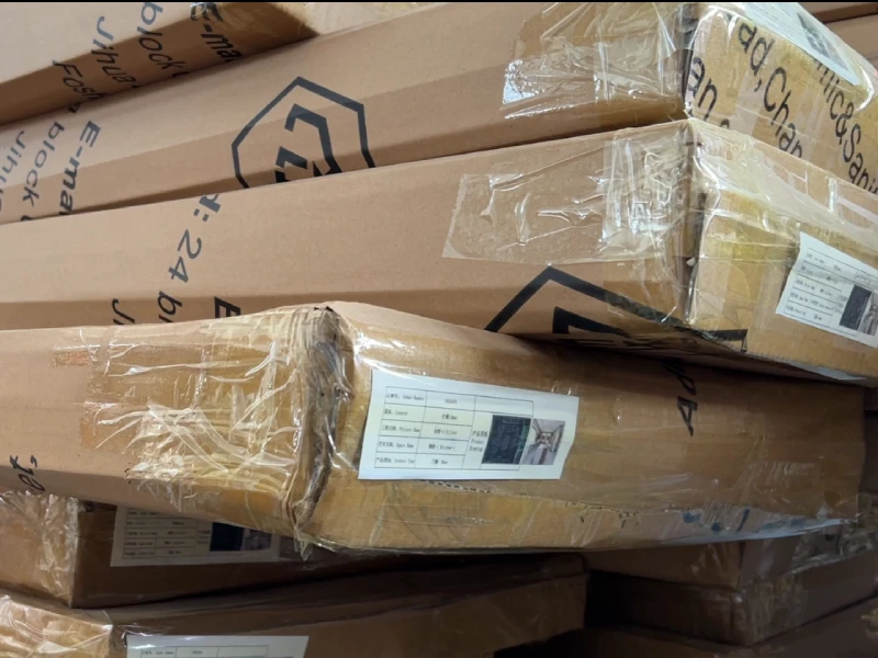 Packed custom cabinet materials ready for project delivery