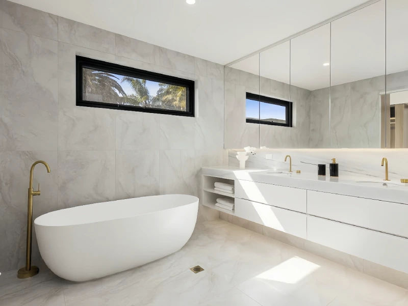 Bathroom with bathtub, vanity, window, and wall finishes in a Melbourne private villa