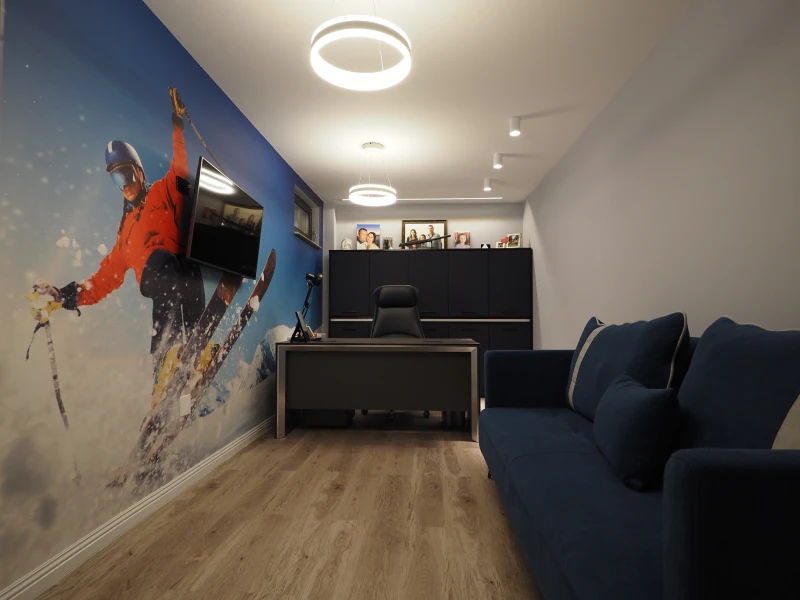 Common lounge area with sofa seating, desk, and apartment project interior finishes
