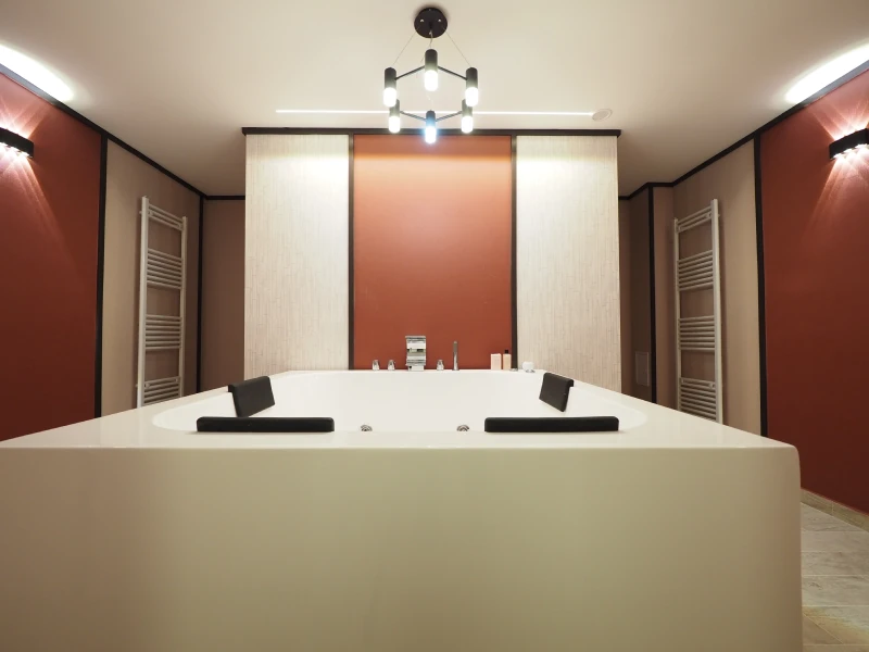 Meeting room interior with conference table and warm wall panels
