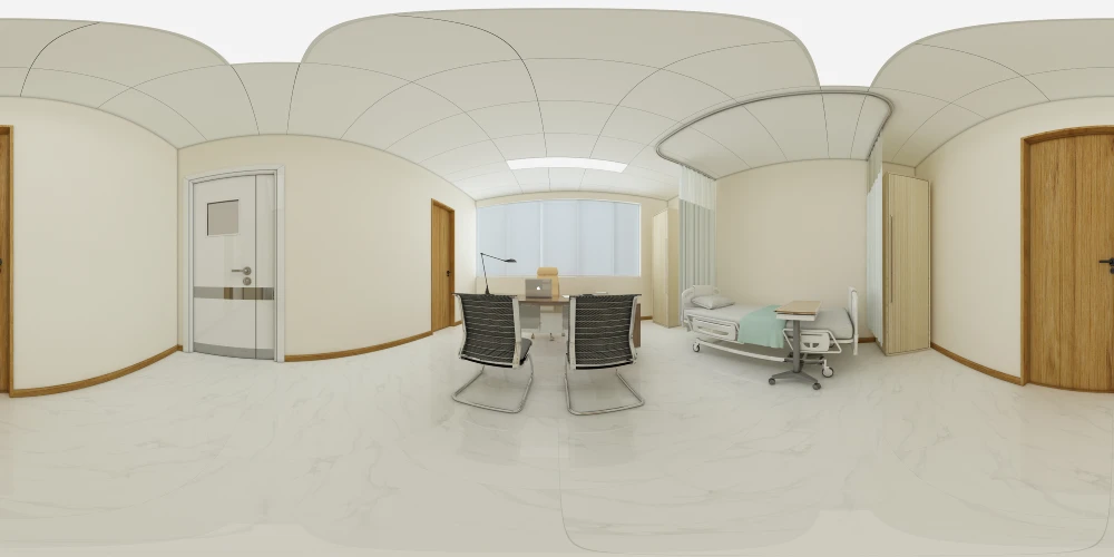Senegal hospital reception design reference with curved walls and front desk