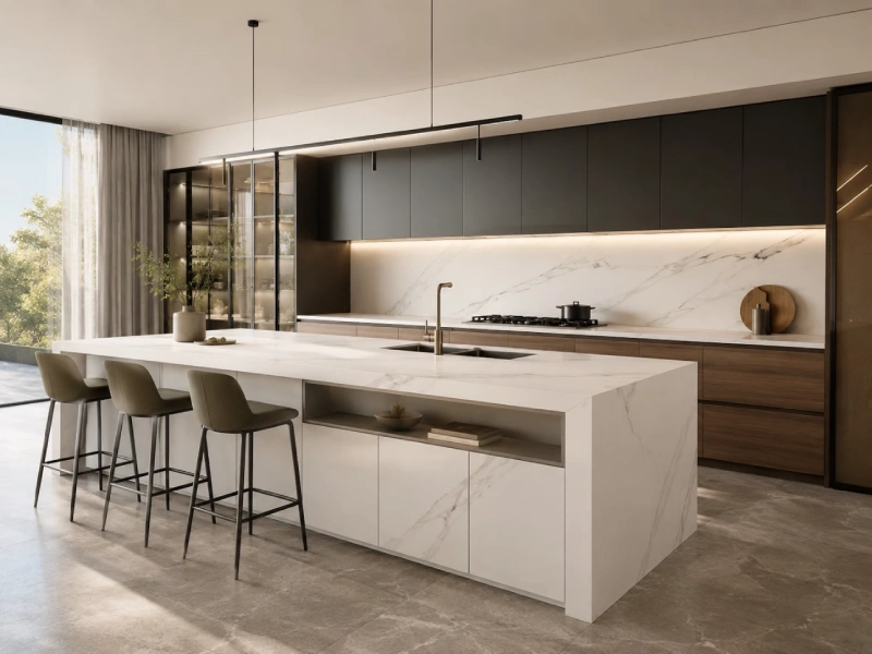 Open-plan villa kitchen with custom cabinetry by George Group